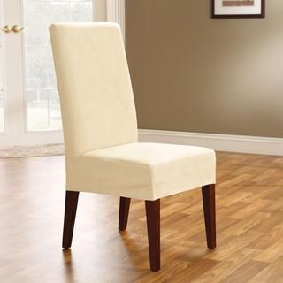 Soft Suede Cream Short Dining Chair Cover (CreamPattern Soft SuedeMaterials 100 percent polyester Dimensions 42 inches high x 19 inches wide x 19 inches long Care instructions Machine WashThe digital images we display have the most accurate color poss