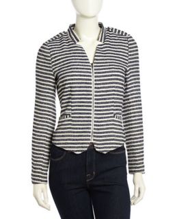 Striped Texture Knit Zip Blazer, Navy/Ivory