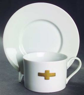 Swid Powell Camelot Flat Cup & Saucer Set, Fine China Dinnerware   Gold Crosses,