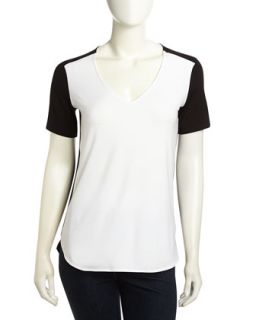 Colorblocked V Neck Soft Jersey Blouse, Optic White/Black