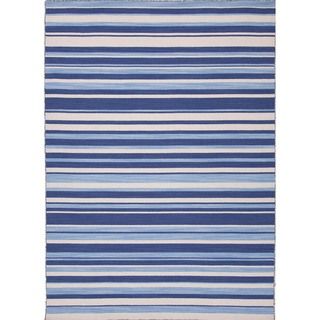 Pura Vida Flat Weave Deep Navy blue Stripe Wool Area Rug (5 X 8)