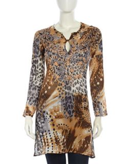 Floral Embroidered Animal Print Tunic, Camel