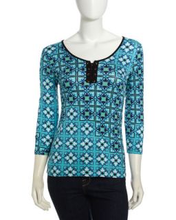 Lace Up Placket Top, Teal