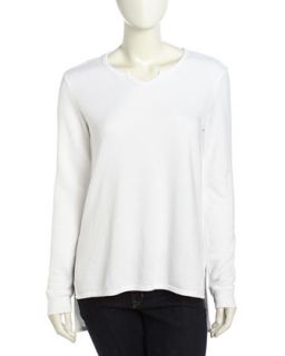 Split Neck Terry Cloth High Low Sweatshirt, White