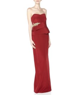 Floral Beaded Silk Peplum Gown, Red
