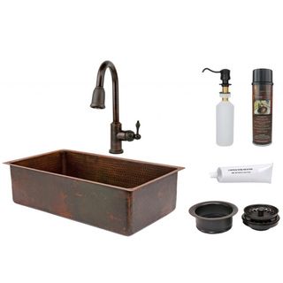 Premier Copper Products 33 inch Single Basin Sink With Pull Down Faucet Package (3.5 inchesFaucet detailsRetractable HoseSpout Extends Up To 8.44 inchesOverall Height 16.69 inchesOverall Width 12.44 inchesSpout Height 9.25 inchesSpout Reach 8.44 inch