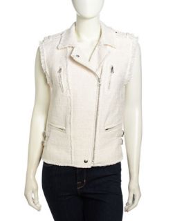 Sleeveless Zip Tweed Vest, Optic/Cream