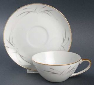 Mikasa Dusk Flat Cup & Saucer Set, Fine China Dinnerware   Gray Cattails&Leaves,
