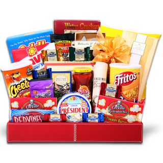 Deluxe Party Snack Pack (RedType of basket Gourmet food basketWeight 9 poundsNumber of items 19Basket includesRed Faux Leather Serving Tray (17 inches long x 11.5 wide x 2.75 inches deep)Fiddle Faddle Butter Toffee (8 ounce)Water Crackers (8 ounce)Tor