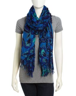 Fringed Paisley Voile Scarf, Navy