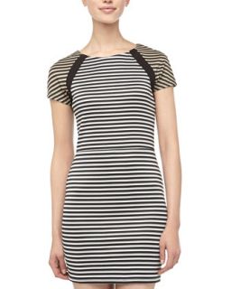Contrast Striped Sheath Dress, Black/White/Beige