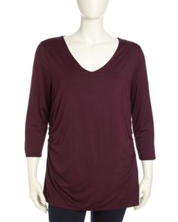 Three Quarter Sleeve V Neck Ruched Tee, Wine Count, Womens