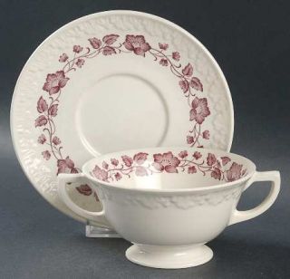 Wedgwood Clematis Mulberry (Corinthian) Footed Cream Soup Bowl & Saucer Set, Fin