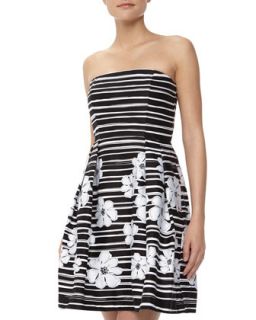 Strapless Striped Floral Print Dress, Black/White