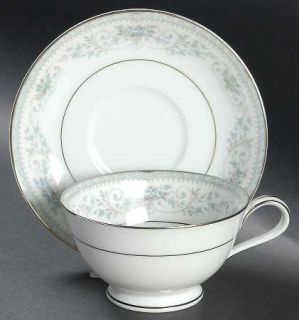 Noritake Colburn Footed Cup & Saucer Set, Fine China Dinnerware   Blue Border&Ro
