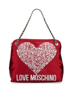 Metallic Paperclip Heart Satin Shoulder Bag, Red