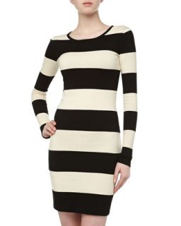 Long Sleeve Rugby Striped Stretch Knit Dress, Black/Platinum