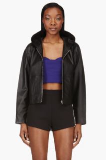 T By Alexander Wang Black Leather Hooded Jacket