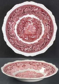 Masons Vista Pink Rim Soup Bowl, Fine China Dinnerware   Pink Leaves,Landscape,