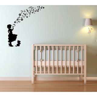 Little Girl With Bubbles And Kitten Vinyl Wall Decal (Glossy blackEasy to applyDimensions 25 inches wide x 35 inches long )