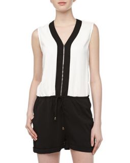 Two Tone Zip Front Charmeuse Jumpsuit, Black/White