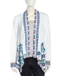 Ange Open Front Stitched Pattern Jersey Cardigan, White