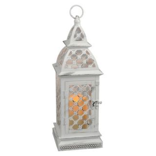 Distressed Metal Lantern with integrated LED Candle   White