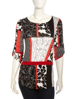 Patchwork Print Tab Sleeve Tunic, Black/Ivory/Red