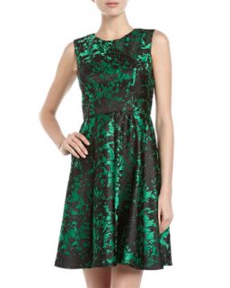 Sleeveless Brocade Fit and Flare Dress, Emerald