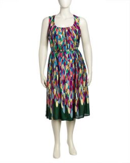 Multicolor Feather Print Satin Dress, Forest Feather, Womens
