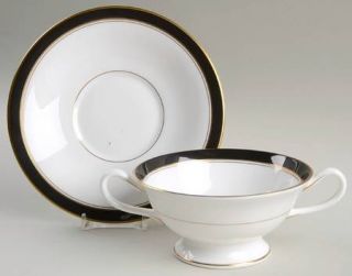 Royal Worcester Howard Black (Gold) Footed Cream Soup Bowl & Saucer Set, Fine Ch