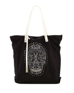 Skully Embroidered Studded Tote Bag, Black/White