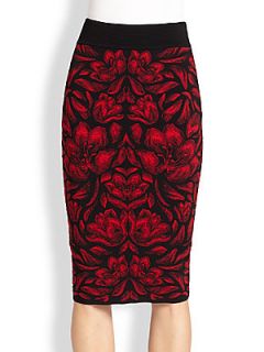 Alexander McQueen Floral Knit Pencil Skirt   Red Black