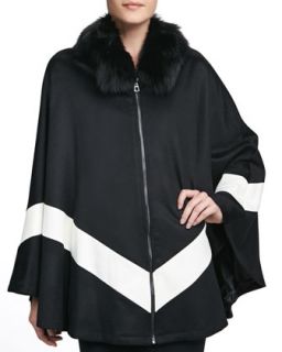 Fox Fur Collar Zip Front Cape, Black/White