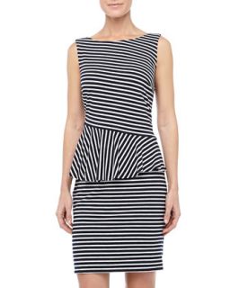 Striped Asymmetric Peplum Dress, Optic White/Black