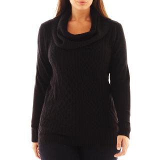 Design History Cowlneck Cable Sweater   Plus, Black, Womens