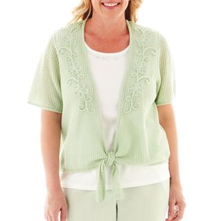 Alfred Dunner Garden District Crochet Tie Front Layered Sweater   Plus, Mint