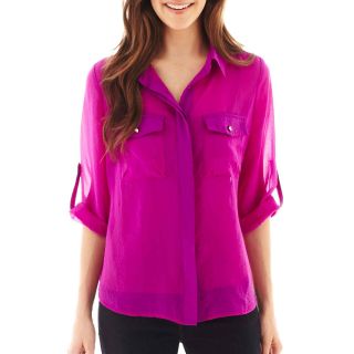 Como Black 3/4 Roll Sleeve Button Front Shirt   Petite, Robust Orchid