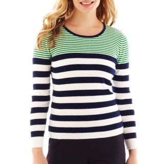 LIZ CLAIBORNE Long Sleeve Ribbed Striped Sweater   Petite, Fern Leaf Multi,