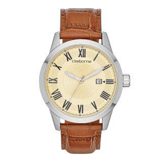CLAIBORNE Mens Silver Tone Brown Leather Strap Watch