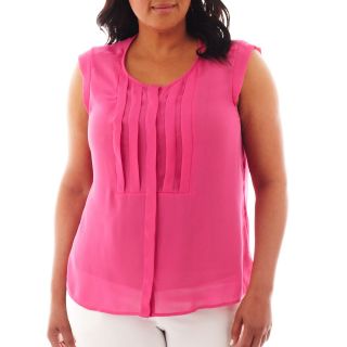 Worthington Pleated Button Front Top   Plus, Pink