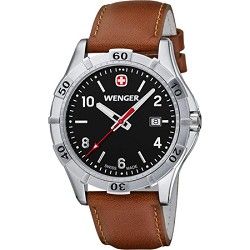 Wenger Mens Platoon Analog Watch   Black Dial/Brown Leather Strap