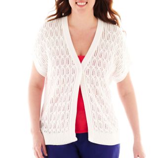 LIZ CLAIBORNE Short Sleeve Cardigan Sweater   Plus, White, Womens
