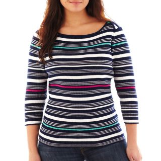 LIZ CLAIBORNE 3/4 Sleeve Ribbed Striped Sweater   Plus, Bright Rose Multi,