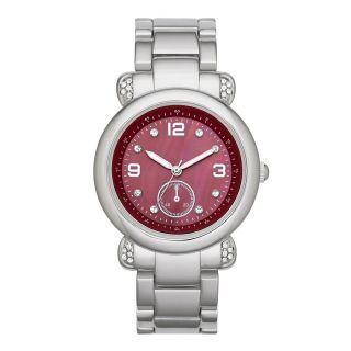 Womens Silver Tone Color Dial Crystal Accent Bracelet Watch, Red