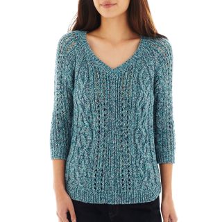 LIZ CLAIBORNE 3/4 Sleeve V Neck Sweater   Petite, Waterfall Multi, Womens