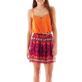 City Triangles Sleeveless Belted Lace Print Dress, Purp/coral