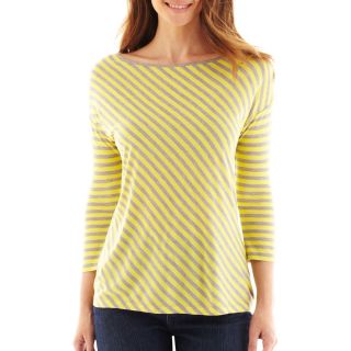 LIZ CLAIBORNE 3/4 Sleeve Striped Drop Shoulder Tee, Yellow, Womens