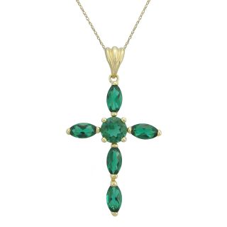 10K Yellow Gold Lab Created Emerald Cross Pendant, Womens