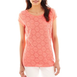 LIZ CLAIBORNE Short Sleeve Lace Front Tee, Coral Essence, Womens